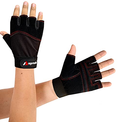 Aprodo Beginner Gym Gloves with Wrist Support Strap | 1 Pair - Free Size (Black) | Fitness Gloves with Leather Foam Fabric | Wrist Band for Dumbbell, Exercise & Gym Workout