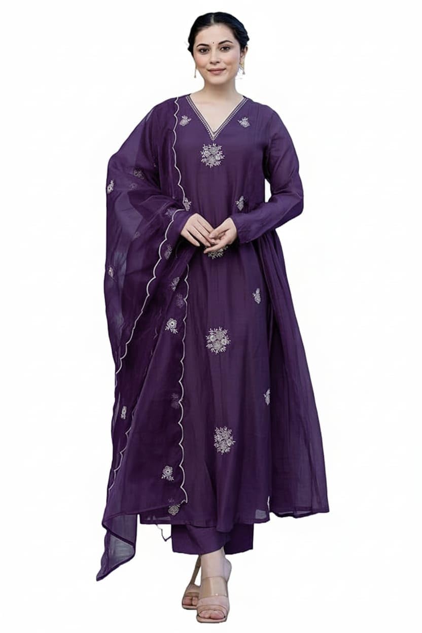 Nermosa Women Embroidery Solid Anarkali Kurta and Pant Set with Dupatta