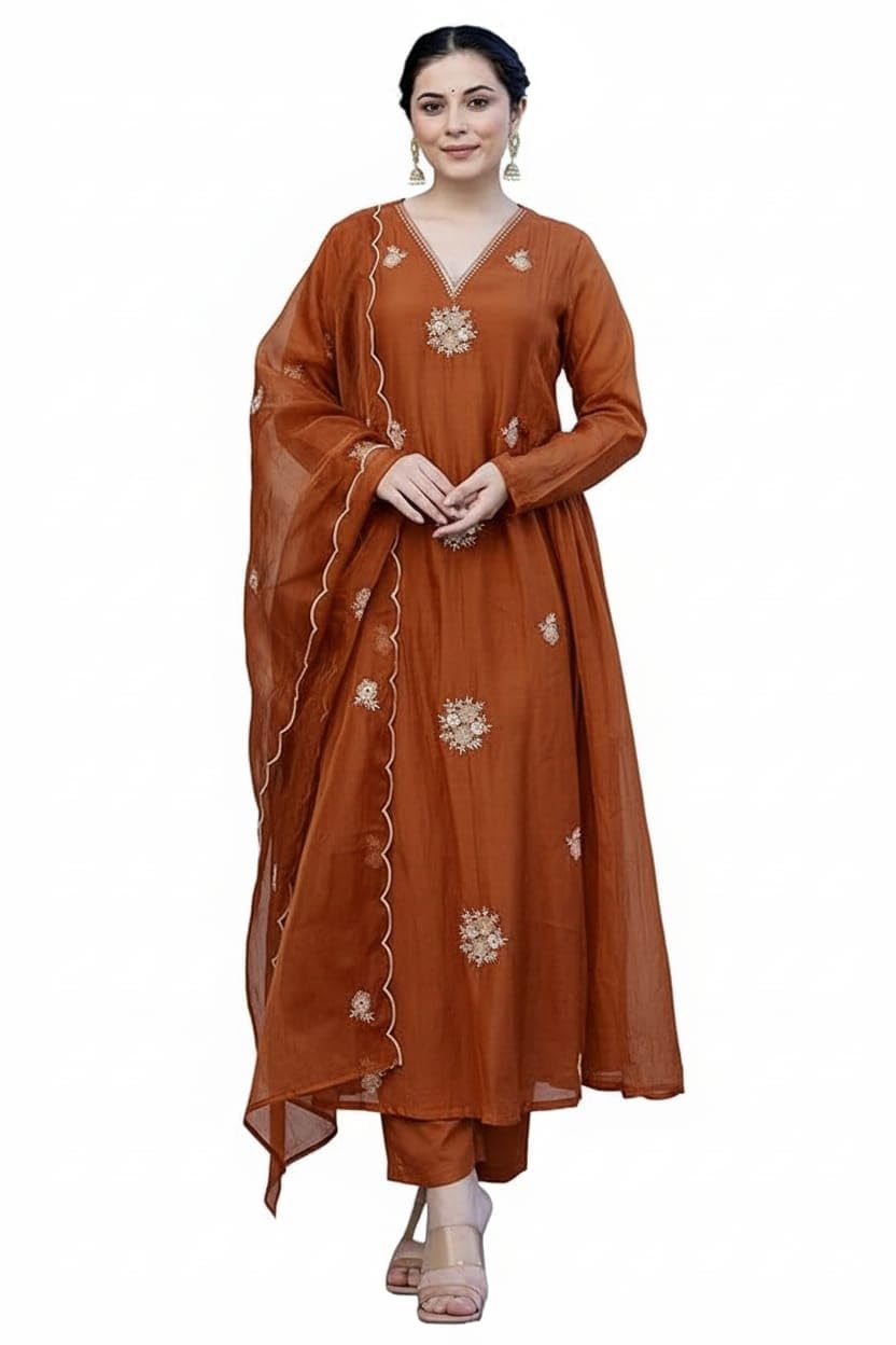 Nermosa Women Embroidery Solid Anarkali Kurta and Pant Set with Dupatta