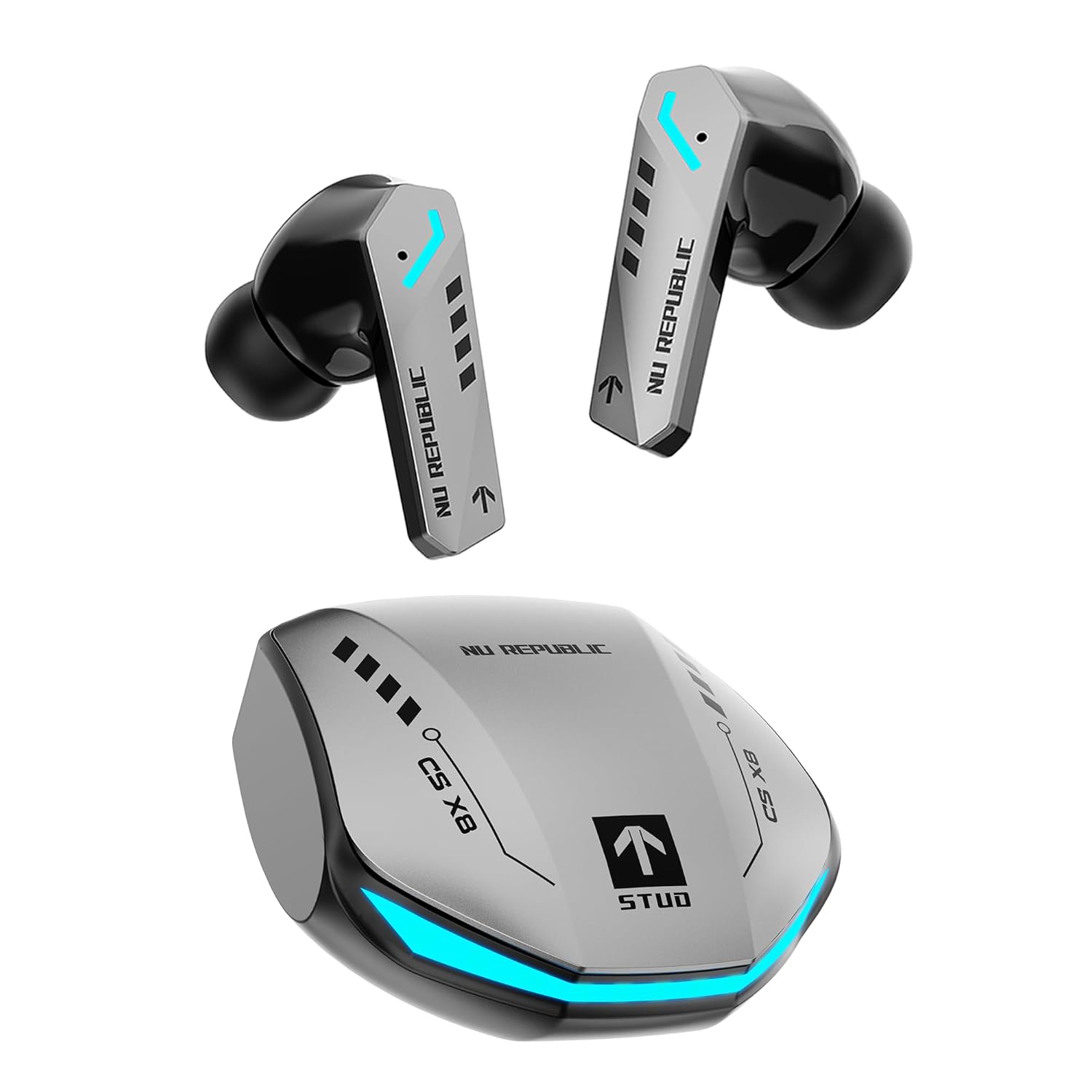 Nu Republic Cyberstud X8 TWS Wireless Earbuds - Up to 56Hrs Playtime, 40ms Ultra Low Latency, ENC Mics, 13mm Neodymium Drivers, XBass Technology, Dual Mode for Gaming & Music, Bluetooth 5.3 (Silver)