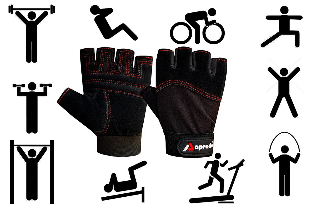 Aprodo Beginner Gym Gloves with Wrist Support Strap | 1 Pair - Free Size (Black) | Fitness Gloves with Leather Foam Fabric | Wrist Band for Dumbbell, Exercise & Gym Workout