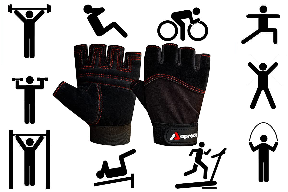 Aprodo Beginner Gym Gloves with Wrist Support Strap | 1 Pair - Free Size (Black) | Fitness Gloves with Leather Foam Fabric | Wrist Band for Dumbbell, Exercise & Gym Workout