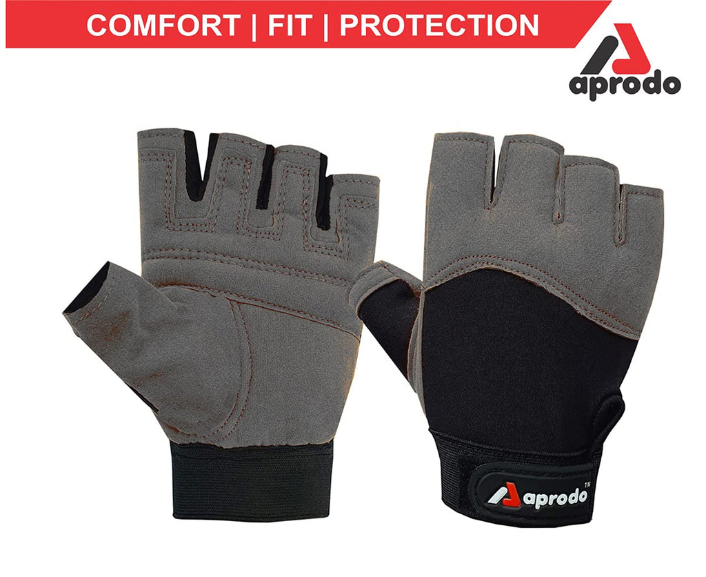 Aprodo Beginner Gym Gloves with Wrist Support Strap | 1 Pair - Free Size (Black) | Fitness Gloves with Leather Foam Fabric | Wrist Band for Dumbbell, Exercise & Gym Workout