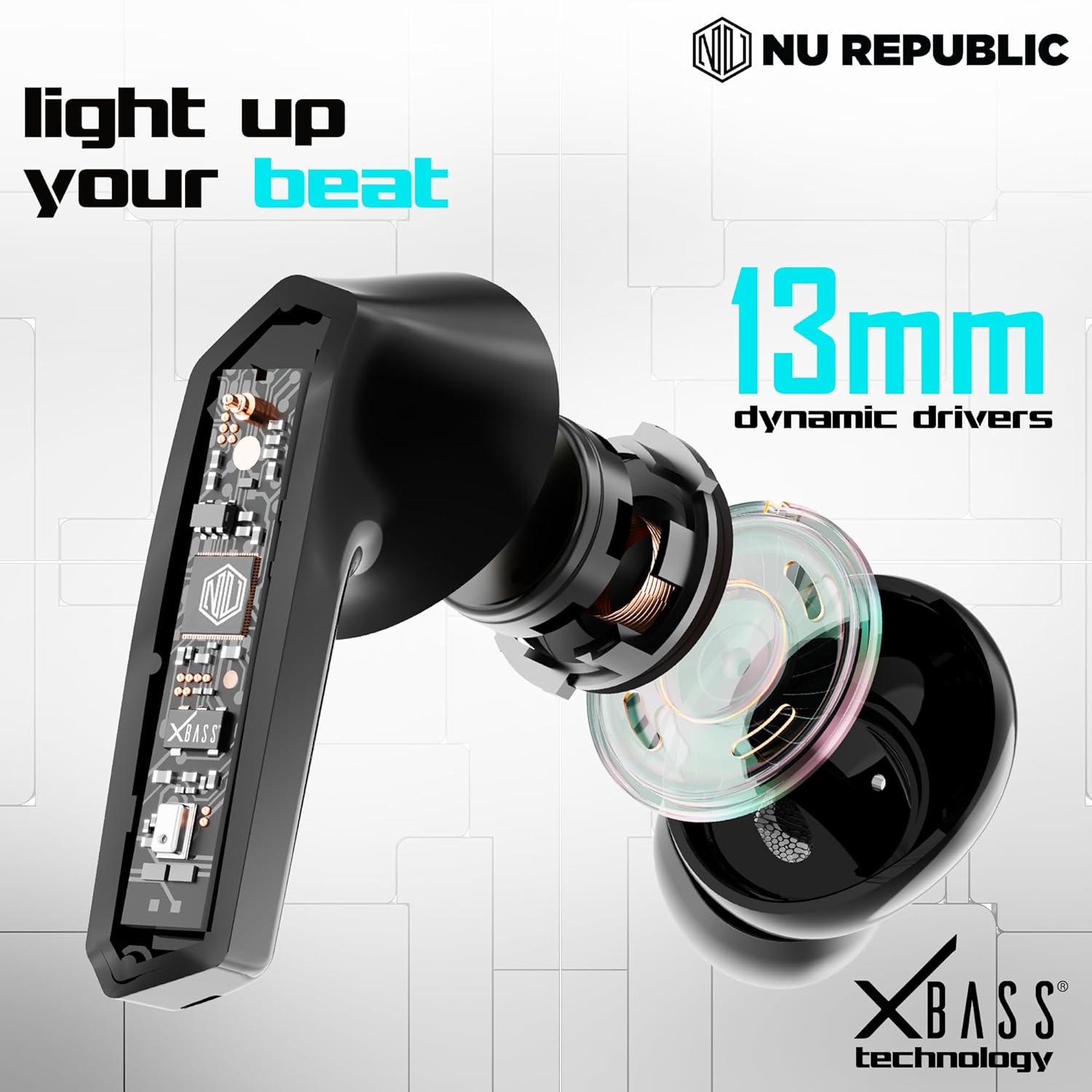 Nu Republic Cyberstud X8 TWS Wireless Earbuds - Up to 56Hrs Playtime, 40ms Ultra Low Latency, ENC Mics, 13mm Neodymium Drivers, XBass Technology, Dual Mode for Gaming & Music, Bluetooth 5.3 (Silver)