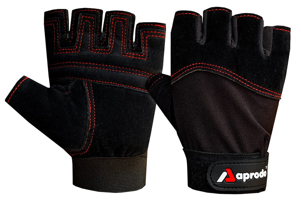 Aprodo Beginner Gym Gloves with Wrist Support Strap | 1 Pair - Free Size (Black) | Fitness Gloves with Leather Foam Fabric | Wrist Band for Dumbbell, Exercise & Gym Workout
