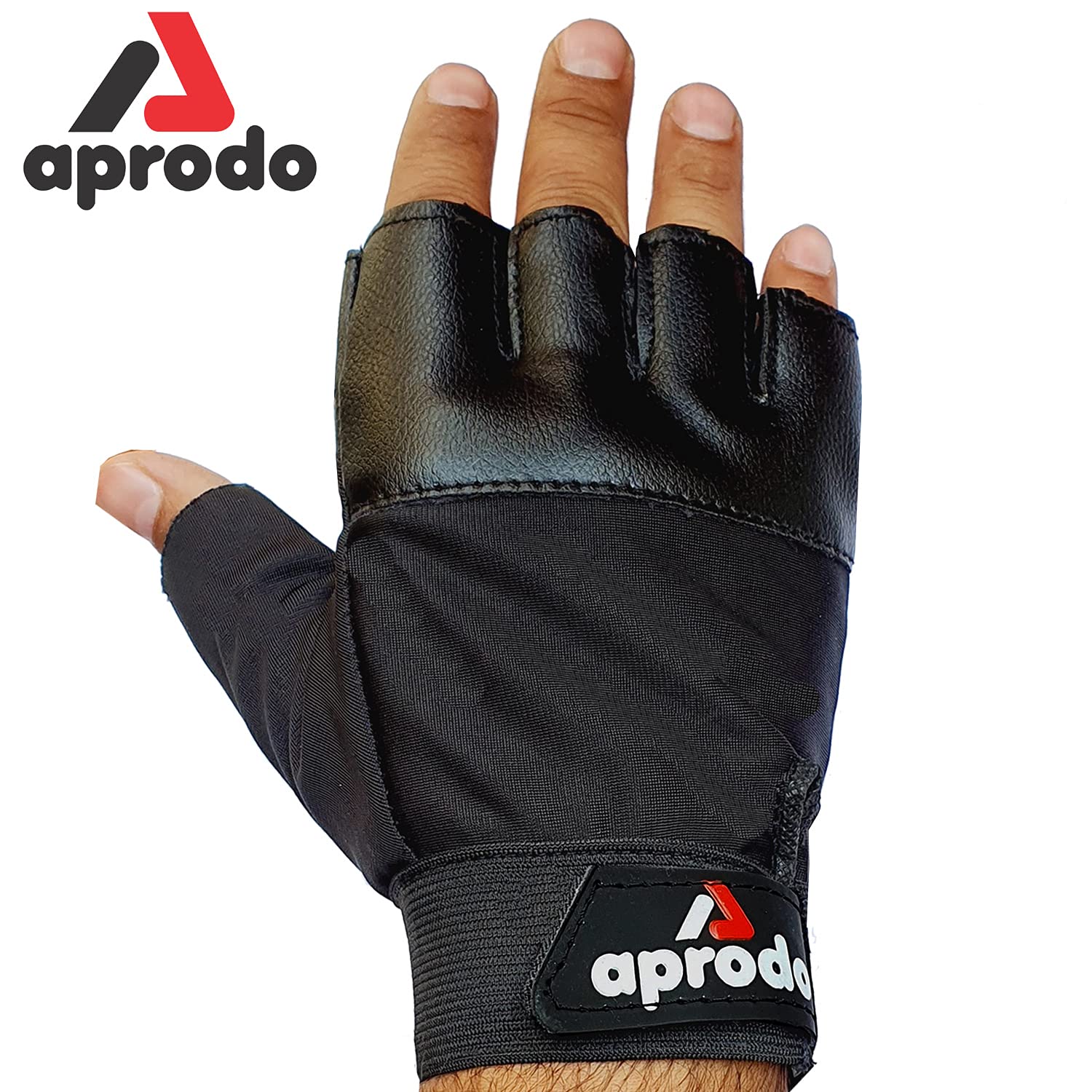 Aprodo Beginner Gym Gloves with Wrist Support Strap | 1 Pair - Free Size (Black) | Fitness Gloves with Leather Foam Fabric | Wrist Band for Dumbbell, Exercise & Gym Workout