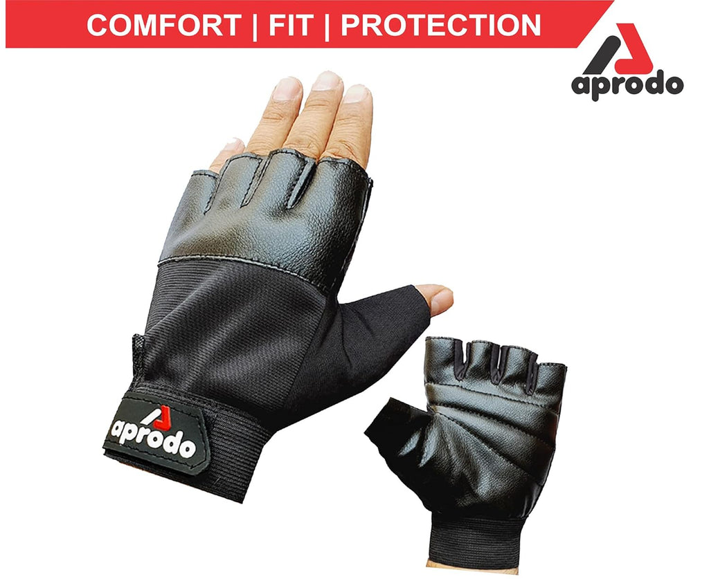 Aprodo Beginner Gym Gloves with Wrist Support Strap | 1 Pair - Free Size (Black) | Fitness Gloves with Leather Foam Fabric | Wrist Band for Dumbbell, Exercise & Gym Workout