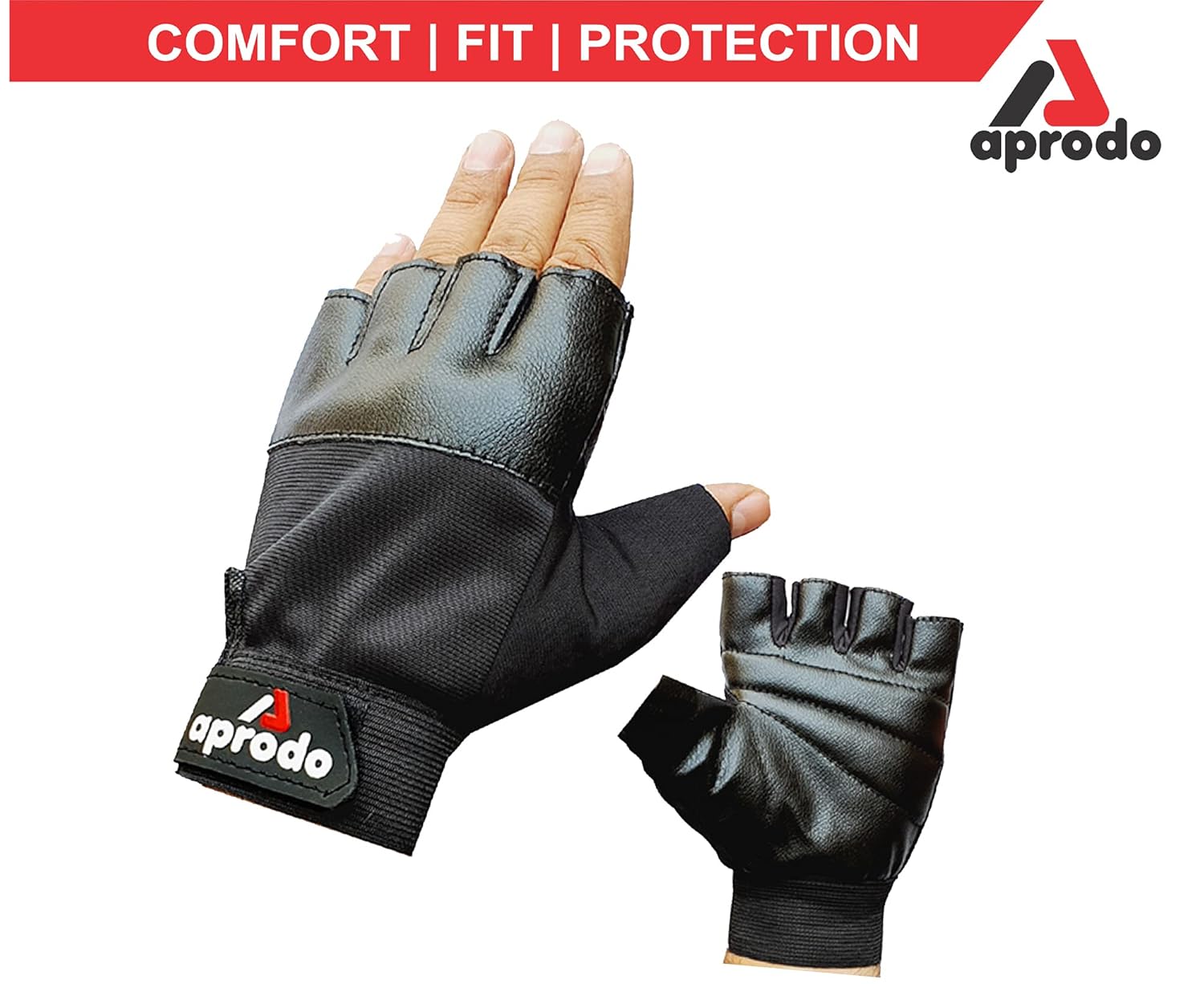 Aprodo Beginner Gym Gloves with Wrist Support Strap | 1 Pair - Free Size (Black) | Fitness Gloves with Leather Foam Fabric | Wrist Band for Dumbbell, Exercise & Gym Workout