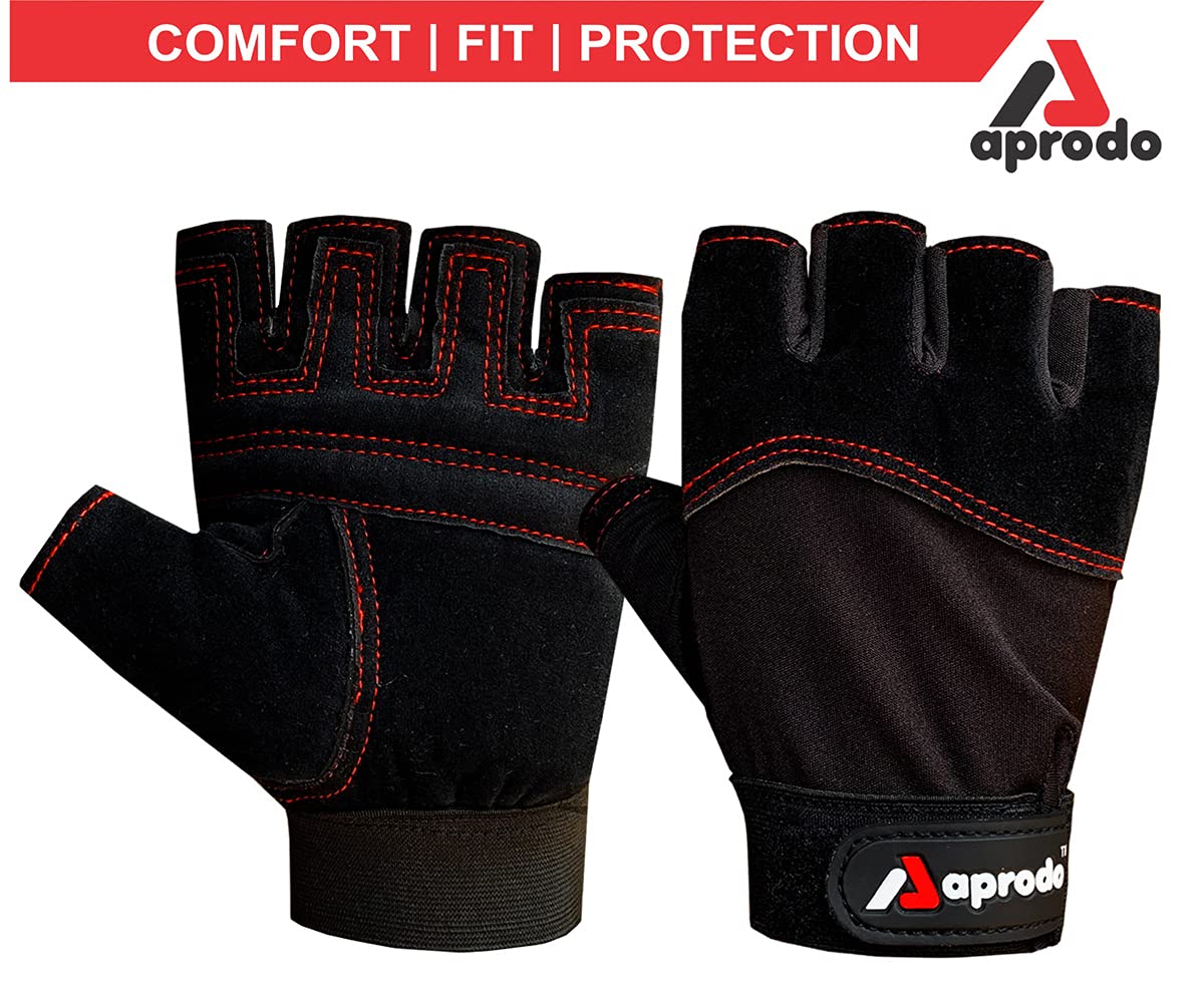 Aprodo Beginner Gym Gloves with Wrist Support Strap | 1 Pair - Free Size (Black) | Fitness Gloves with Leather Foam Fabric | Wrist Band for Dumbbell, Exercise & Gym Workout