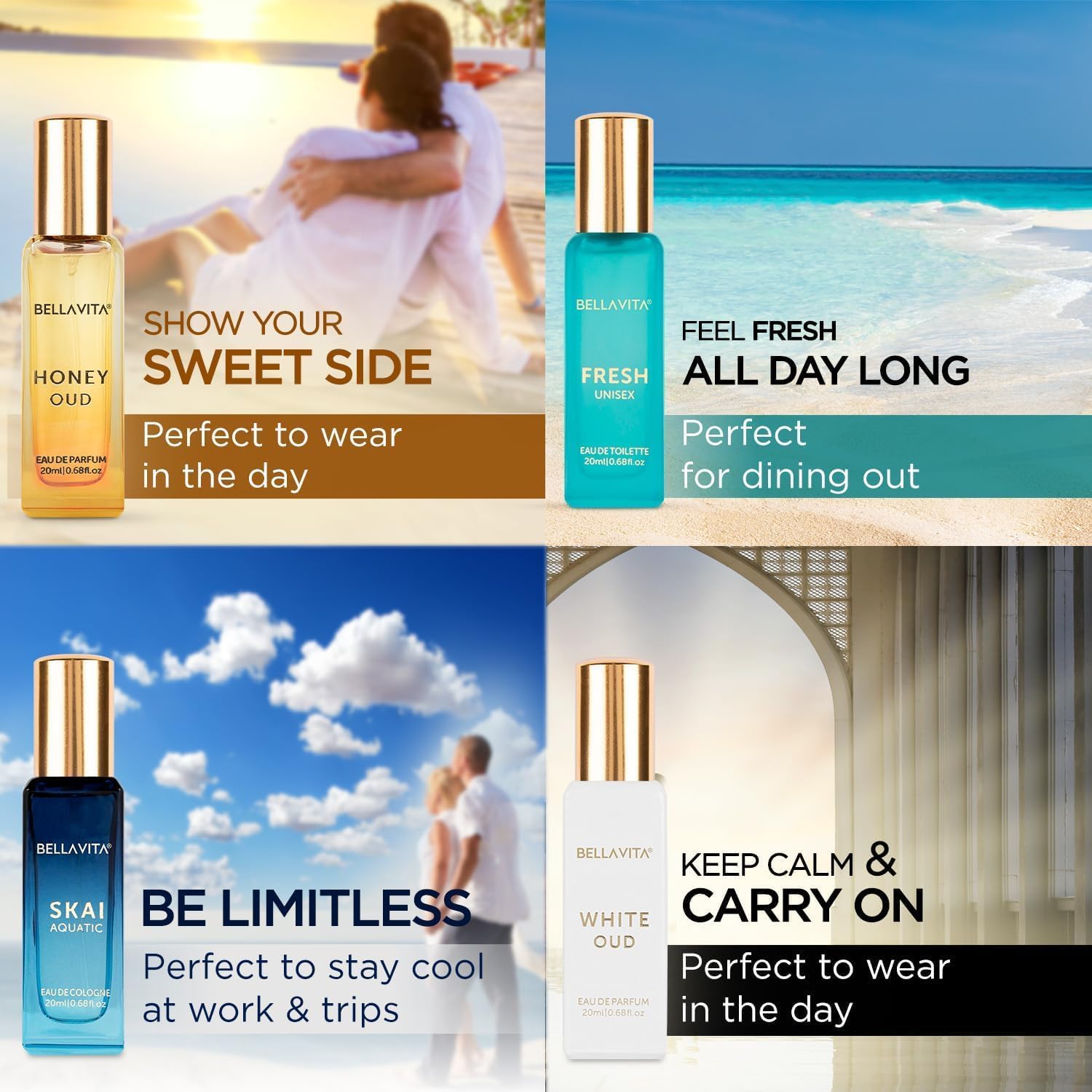 Bella Vita Luxury Long Lasting Unisex Perfume Gift Set | Perfume for Man | Gifts for Woman | 4x20ml | Woody, Aquatic & Sweet Premium Fragrance