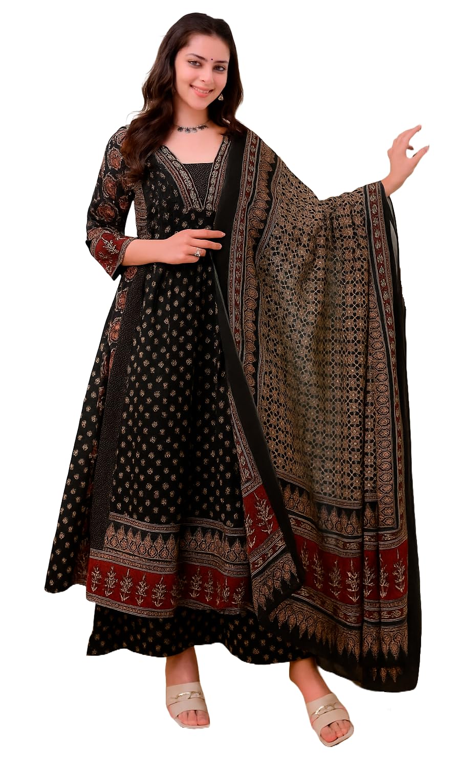 KLOSIA Women's Rayon Printed Anarkali Kurta and Pant with Dupatta Set
