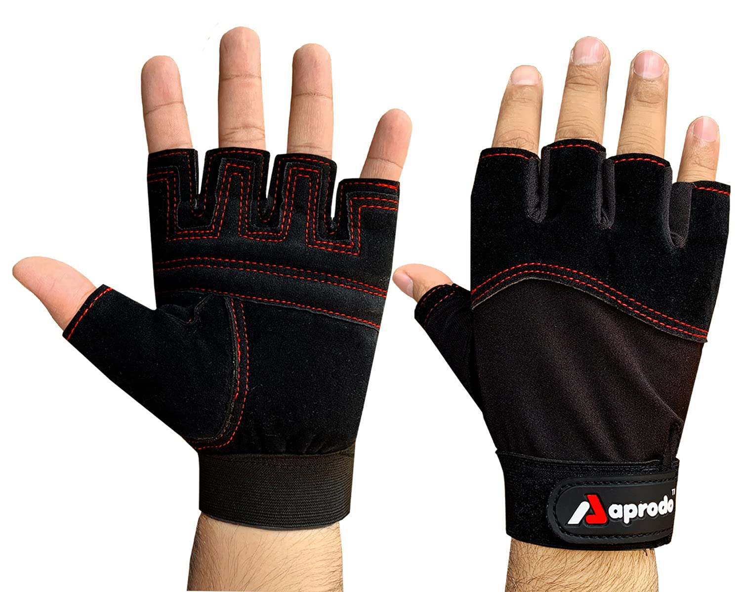 Aprodo Beginner Gym Gloves with Wrist Support Strap | 1 Pair - Free Size (Black) | Fitness Gloves with Leather Foam Fabric | Wrist Band for Dumbbell, Exercise & Gym Workout