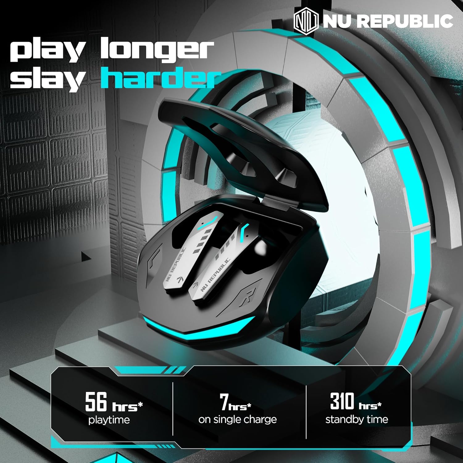 Nu Republic Cyberstud X8 TWS Wireless Earbuds - Up to 56Hrs Playtime, 40ms Ultra Low Latency, ENC Mics, 13mm Neodymium Drivers, XBass Technology, Dual Mode for Gaming & Music, Bluetooth 5.3 (Silver)