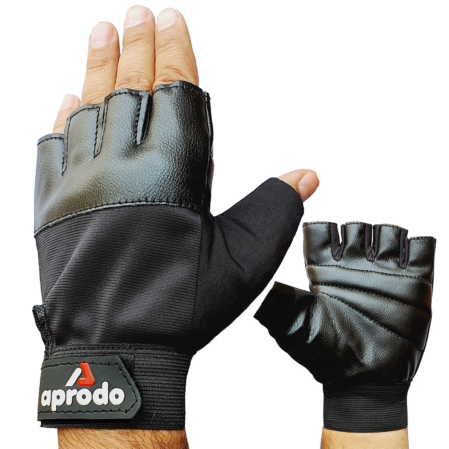 Aprodo Beginner Gym Gloves with Wrist Support Strap | 1 Pair - Free Size (Black) | Fitness Gloves with Leather Foam Fabric | Wrist Band for Dumbbell, Exercise & Gym Workout