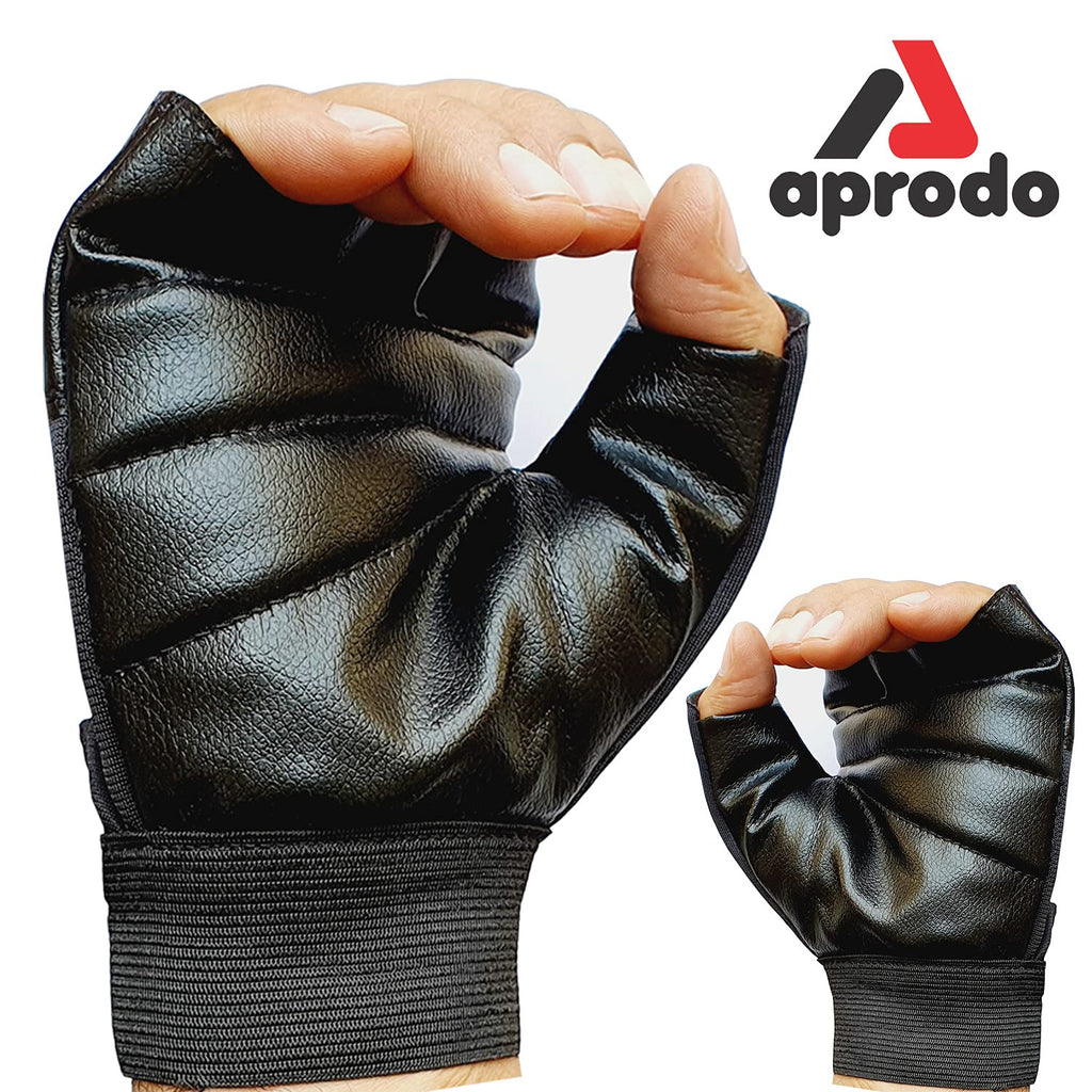 Aprodo Beginner Gym Gloves with Wrist Support Strap | 1 Pair - Free Size (Black) | Fitness Gloves with Leather Foam Fabric | Wrist Band for Dumbbell, Exercise & Gym Workout