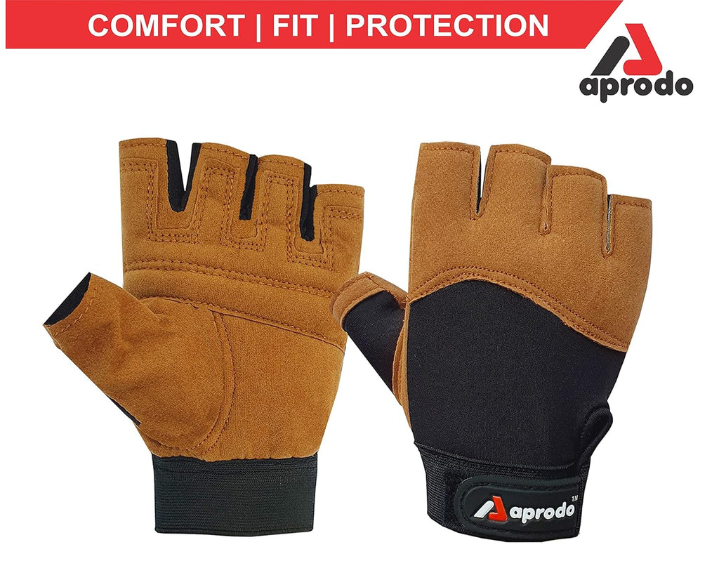 Aprodo Beginner Gym Gloves with Wrist Support Strap | 1 Pair - Free Size (Black) | Fitness Gloves with Leather Foam Fabric | Wrist Band for Dumbbell, Exercise & Gym Workout