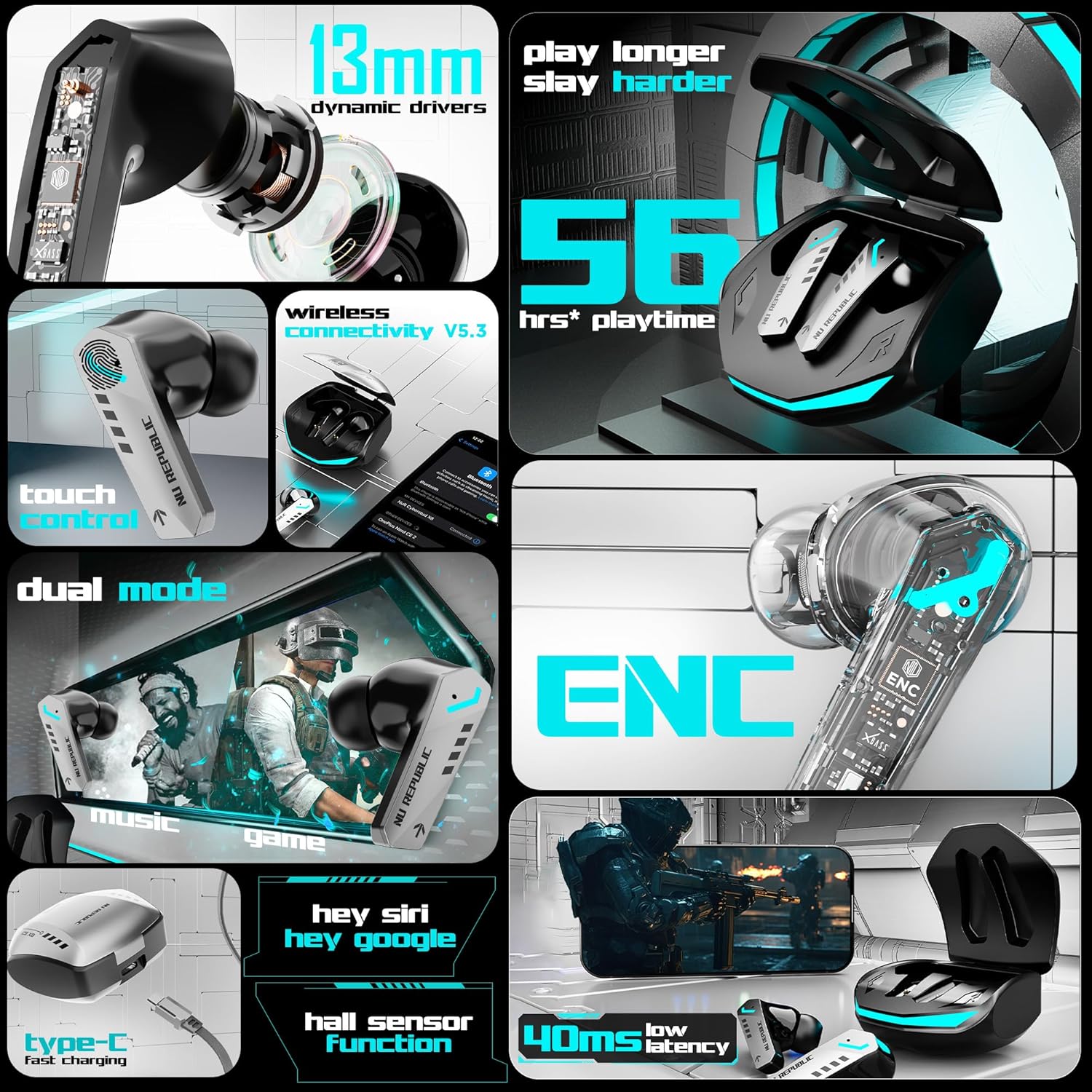 Nu Republic Cyberstud X8 TWS Wireless Earbuds - Up to 56Hrs Playtime, 40ms Ultra Low Latency, ENC Mics, 13mm Neodymium Drivers, XBass Technology, Dual Mode for Gaming & Music, Bluetooth 5.3 (Silver)