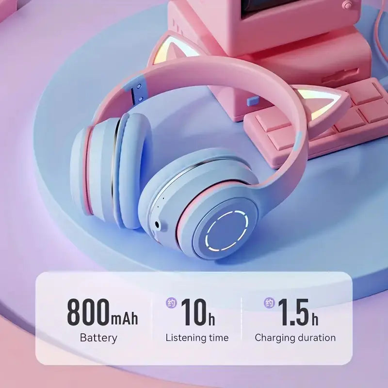 Wireless Cat Ear Headphones with LED Light for Kids